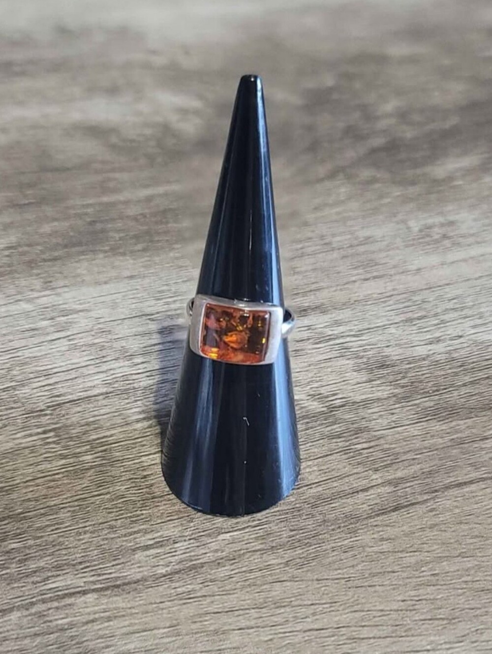 Amber Stone Sterling Silver Ring - Rectangular Amber Center Size 6